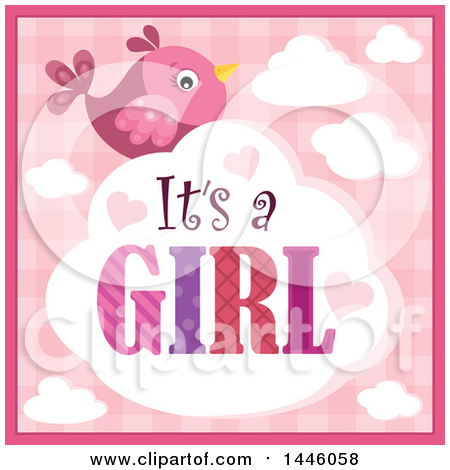 Clipart of a Pink Bird with Gender Reveal Its a Girl Text on a Cloud over Plaid - Royalty Free Vector Illustration by visekart