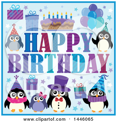 Clipart of a Happy Birthday Greeting with a Cake, Gifts and Party Penguins - Royalty Free Vector Illustration by visekart