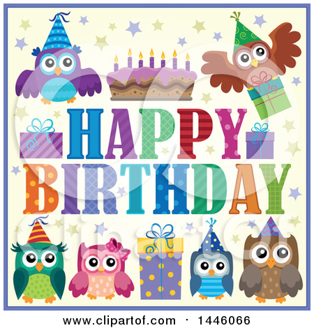 Clipart of a Happy Birthday Greeting with a Cake, Gifts and Party Owls - Royalty Free Vector Illustration by visekart