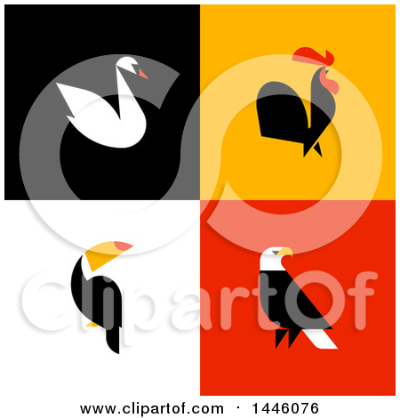 Clipart of a Flat Styled Swan, Rooster, Toucan and American Bald Eagle on Colorful Tiles - Royalty Free Vector Illustration by elena