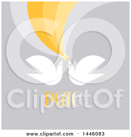 Clipart of a Retro Flat Styled Dove Pair Flying with a Star, with Peace Text on Gray - Royalty Free Vector Illustration by elena