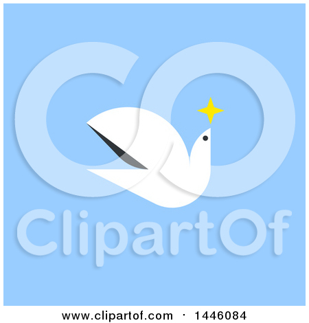 Clipart of a Retro Flat Styled Peace Dove Flying with a Star, on Blue - Royalty Free Vector Illustration by elena
