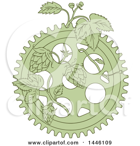Clipart of a Sketched Styled Green Gear and Hops Plant - Royalty Free Vector Illustration by patrimonio