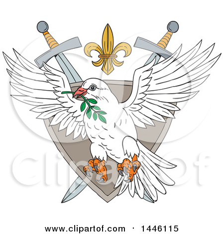Clipart of a Sketched Styled Peace Dove Flying with an Olive Branch in Its Mouth over a Shield, Fleur De Lis and Crossed Swords Crest - Royalty Free Vector Illustration by patrimonio