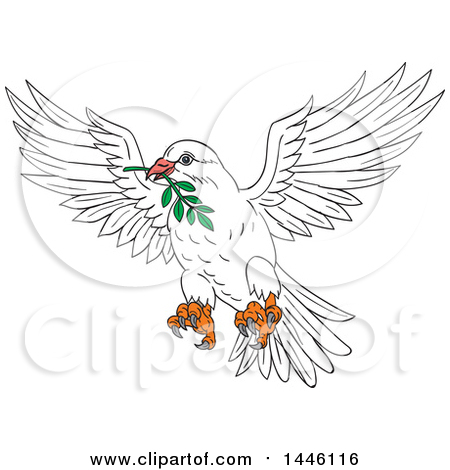 Clipart of a Sketched Styled Peace Dove Flying with an Olive Branch in Its Mouth - Royalty Free Vector Illustration by patrimonio