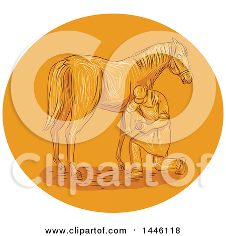Clipart of a Sketched Styled farrier Placing Shoes on a Horse Hoof, in an Orange Circle - Royalty Free Vector Illustration by patrimonio