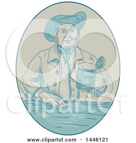 Clipart of a Sketched Styled Medieval Gentleman Holding a Beer Tankard in an Oval - Royalty Free Vector Illustration by patrimonio