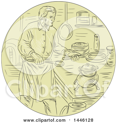 Clipart of a Retro Sketched Styled Medieval Chef Cooking in a Kitchen - Royalty Free Vector Illustration by patrimonio