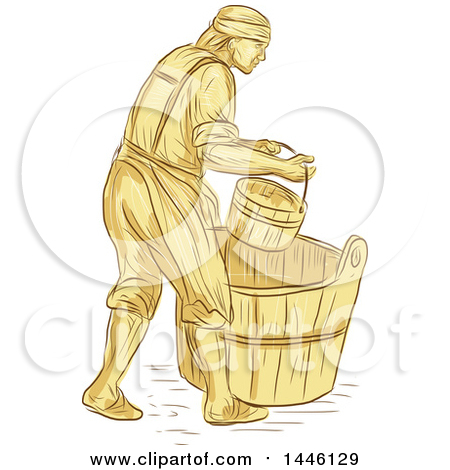 Clipart of a Retro Sketched Styled Medieval Miller or Milne with a Bucket over a Barrel - Royalty Free Vector Illustration by patrimonio