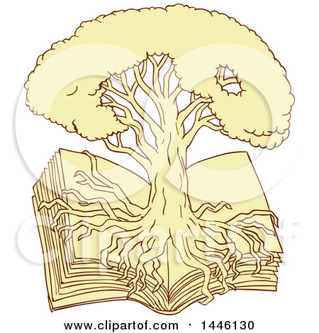 Clipart of a Sketch Styled Oak Tree with Roots Growing over an Open Book - Royalty Free Vector Illustration by patrimonio