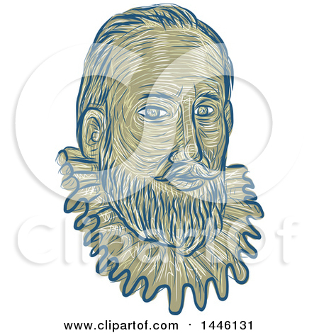 Clipart of a Sketched Bust of Sir Walter Raleigh, an English Landed Gentleman, Writer, Poet, Soldier, Politician, Courtier, Spy and Explorer - Royalty Free Vector Illustration by patrimonio