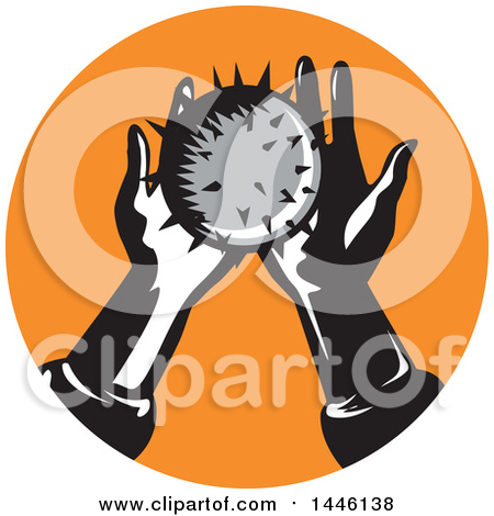 Clipart of a Retro Pair of Hands Holding a Spiked Ball in an Orange Circle - Royalty Free Vector Illustration by patrimonio