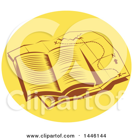 Clipart of a Retro Open Book on Top of a Tail Map in an Oval - Royalty Free Vector Illustration by patrimonio