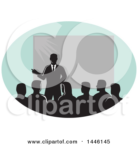 Clipart of a Retro Silhouetted Business Man Giving a Lecture by a Projector in an Oval - Royalty Free Vector Illustration by patrimonio
