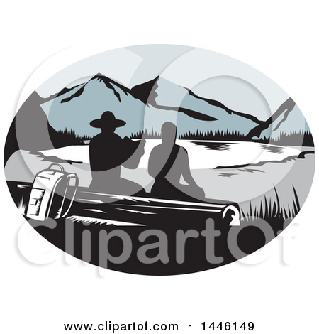 Clipart of a Retro Woodcut Scene of Silhouetted Hikers Sitting on a Log and Looking out at a Mountainous Lake or Pond - Royalty Free Vector Illustration by patrimonio