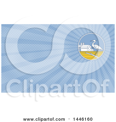 Clipart of a Great Blue Heron Bird on a Branch in a Circle with a Barn and Silo and Blue Rays Background or Business Card Design - Royalty Free Illustration by patrimonio