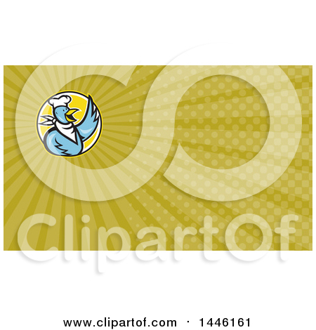 Clipart of a Blue Cartoon Chef Chicken Waving and Green Rays Background or Business Card Design - Royalty Free Illustration by patrimonio