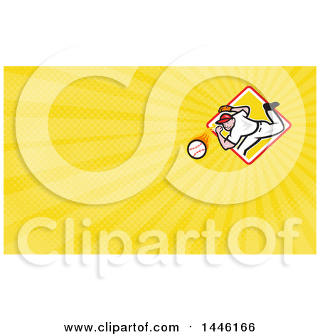 Clipart of a Baseball Player Athlete Pitching from a Yellow Diamond and Yellow Rays Background or Business Card Design - Royalty Free Illustration by patrimonio