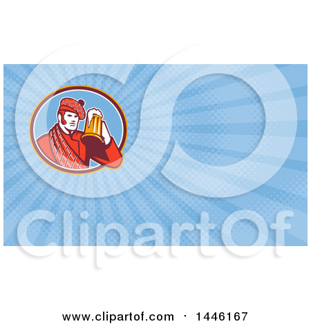 Clipart of a Retro Scotsman in a Tartan, Holding a Beer and Blue Rays Background or Business Card Design - Royalty Free Illustration by patrimonio