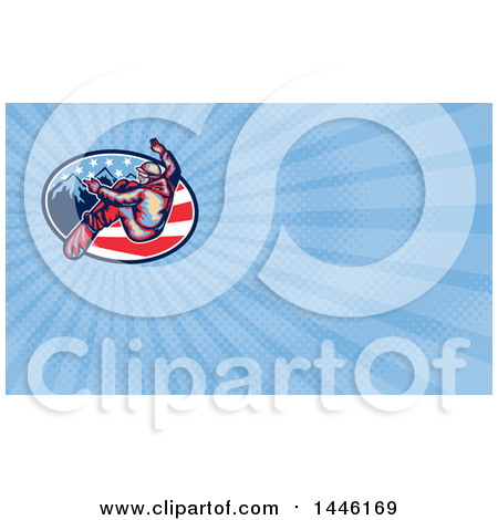 Clipart of a Retro Snowboarder Leaving Stripes over Mountains and American Stars and Blue Rays Background or Business Card Design - Royalty Free Illustration by patrimonio