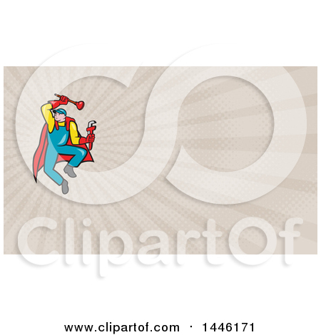 Clipart of a Cartoon Super Plumber Jumping with a Monkey Wrench and Plunger and Taupe Rays Background or Business Card Design - Royalty Free Illustration by patrimonio