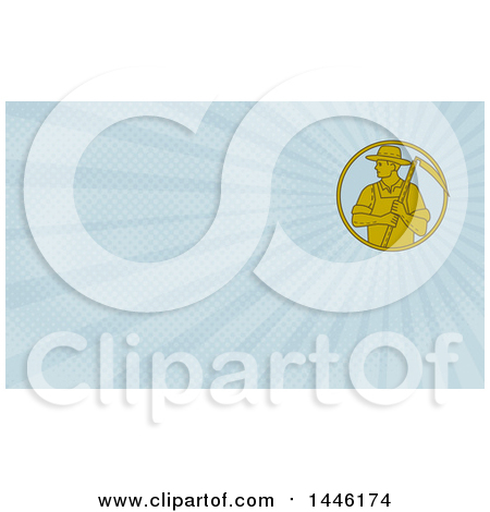 Clipart of a Mono Line Styled Farmer Holding a Scythe in a Circle and Blue Rays Background or Business Card Design - Royalty Free Illustration by patrimonio
