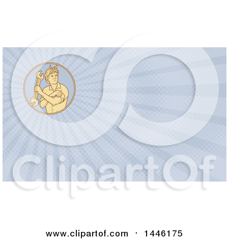 Clipart of a Mono Line Styled Female Auto Mechanic Flexing and Holding a Wrench over Rays and Blue Rays Background or Business Card Design - Royalty Free Illustration by patrimonio
