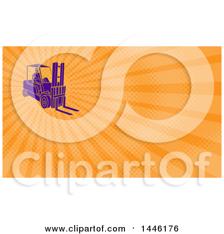 Clipart of a Mono Line Styled Purple and Yellow Man Operating a Forklift and Orange Rays Background or Business Card Design - Royalty Free Illustration by patrimonio