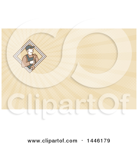Clipart of a Mono Line Styled Mechanic Holding a Wrench in a Diamond and Rays Background or Business Card Design - Royalty Free Illustration by patrimonio