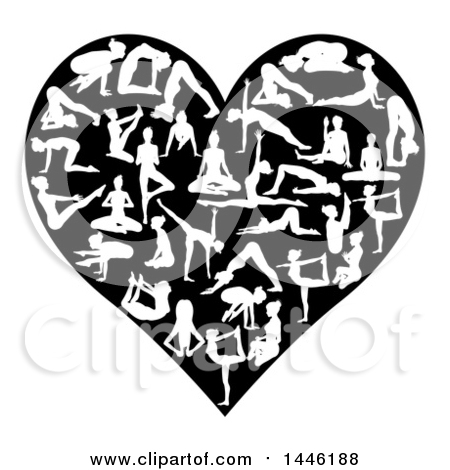 Clipart of a Black and White Heart of Silhouetted Women Doing Yoga - Royalty Free Vector Illustration by AtStockIllustration
