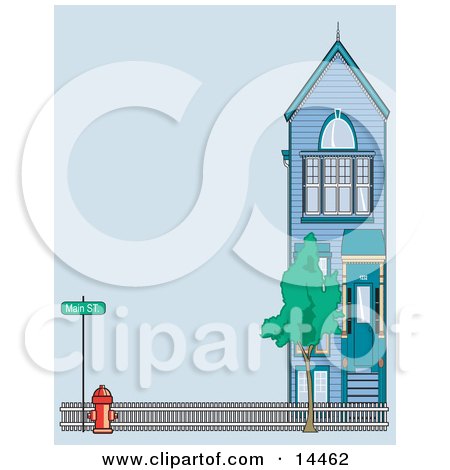 Fire Hydrant by a Fence and Home on Main Street Clipart Illustration by Andy Nortnik