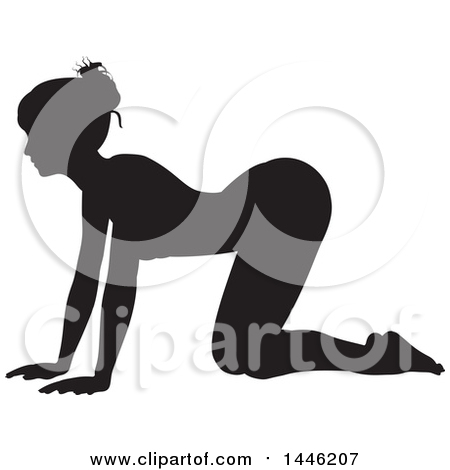 Clipart of a Black Silhouetted Woman in a Yoga Pose - Royalty Free Vector Illustration by AtStockIllustration