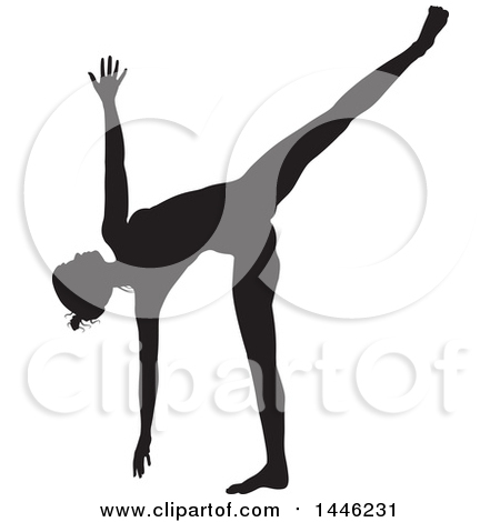 Clipart of a Black Silhouetted Woman in a Yoga Pose - Royalty Free Vector Illustration by AtStockIllustration