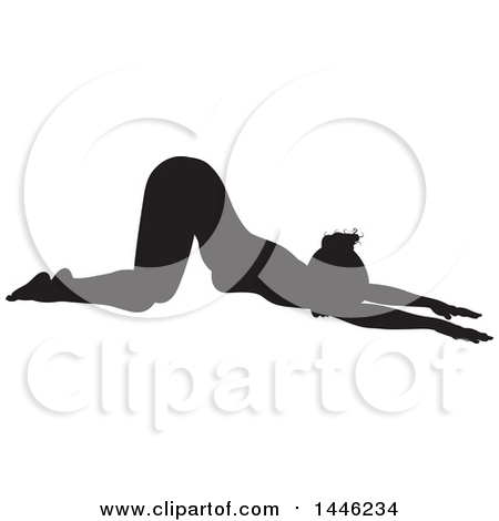 Clipart of a Black Silhouetted Woman in a Yoga Pose - Royalty Free Vector Illustration by AtStockIllustration