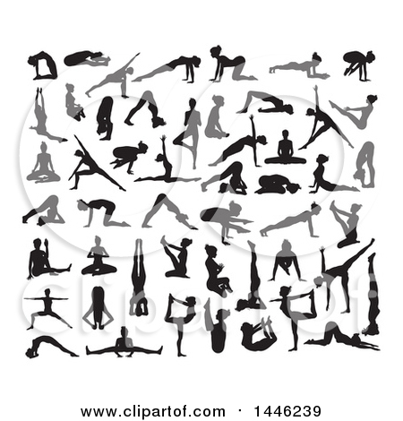 Clipart of Black Silhouetted Women in Yoga Poses - Royalty Free Vector Illustration by AtStockIllustration
