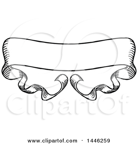 Clipart of a Sketched or Etched Styled Black and White Scroll Banner - Royalty Free Vector Illustration by AtStockIllustration