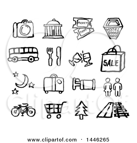 Clipart of Black and White Watercolor Styled Travel Symbol Icons - Royalty Free Vector Illustration by AtStockIllustration