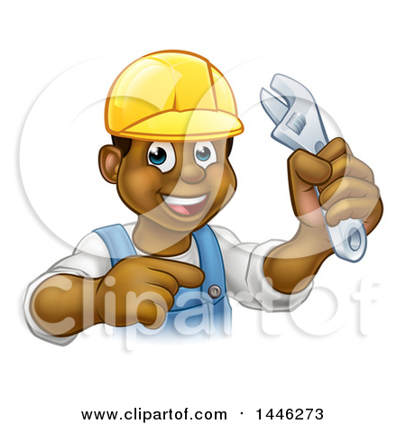 Clipart of a Cartoon Happy Black Male Plumber Holding an Adjustable Wrench and Pointing - Royalty Free Vector Illustration by AtStockIllustration