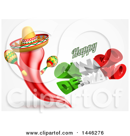 Clipart of a 3d Mexican Flag Colored Happy Cinco De Mayo Text Design with a Chile Pepper Mascot Holding Maracas - Royalty Free Vector Illustration by AtStockIllustration
