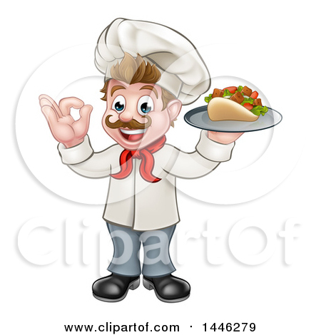 Clipart of a Cartoon Caucasian Male Chef Holding a Kebab Sandwich on a Tray and Gesturing Okay - Royalty Free Vector Illustration by AtStockIllustration