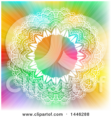 Clipart of a Round White Ornate Frame on a Colorful Background with Rays - Royalty Free Vector Illustration by KJ Pargeter