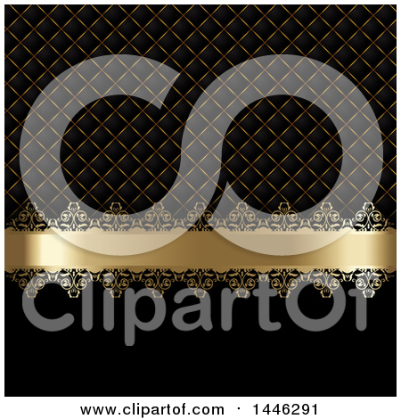 Clipart of a Golden Ribbon and Pattern on Black with Text Space - Royalty Free Vector Illustration by KJ Pargeter