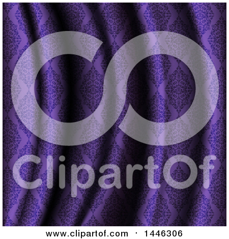 Clipart of a Background of Purple Damask Patterned Rippled Material - Royalty Free Vector Illustration by KJ Pargeter