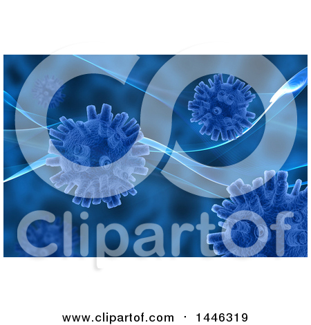 Clipart of a Background of 3d Waves and Virus Cells in Blue - Royalty Free Illustration by KJ Pargeter
