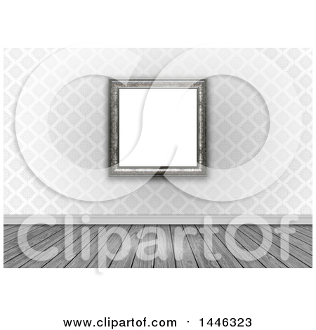 Clipart of a 3d Blank Picture Frame on a Wall of Gray Damask over Wood Floors - Royalty Free Illustration by KJ Pargeter