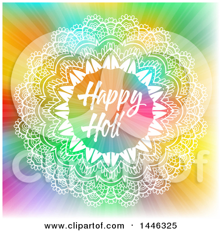 Clipart of a Happy Holi Greeting in a White Ornate Frame over a Colorful Burst - Royalty Free Vector Illustration by KJ Pargeter