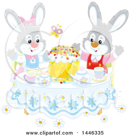 Clipart of a Happy Rabbit Couple Around a Spring Time Cake at a Table - Royalty Free Vector Illustration by Alex Bannykh