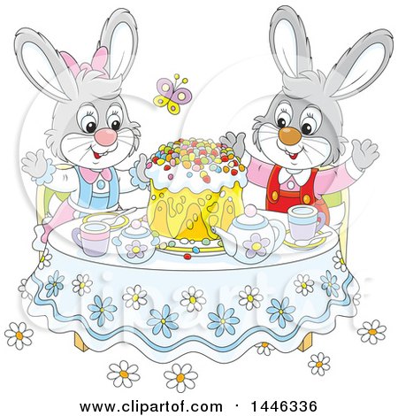 Clipart of a Cartoon Happy Bunny Rabbit Couple Around a Spring Time Cake at a Table - Royalty Free Vector Illustration by Alex Bannykh