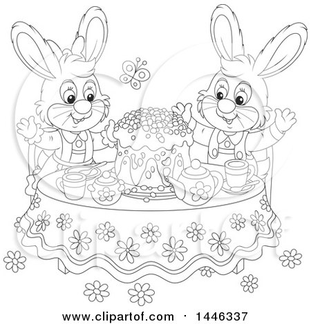 Clipart of a Cartoon Black and White Lineart Happy Bunny Rabbit Couple Around a Spring Time Cake at a Table - Royalty Free Vector Illustration by Alex Bannykh