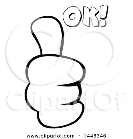 Clipart of a Cartoon Black and White Lineart Thumb up Emoji Hand with Ok Text - Royalty Free Vector Illustration by Hit Toon